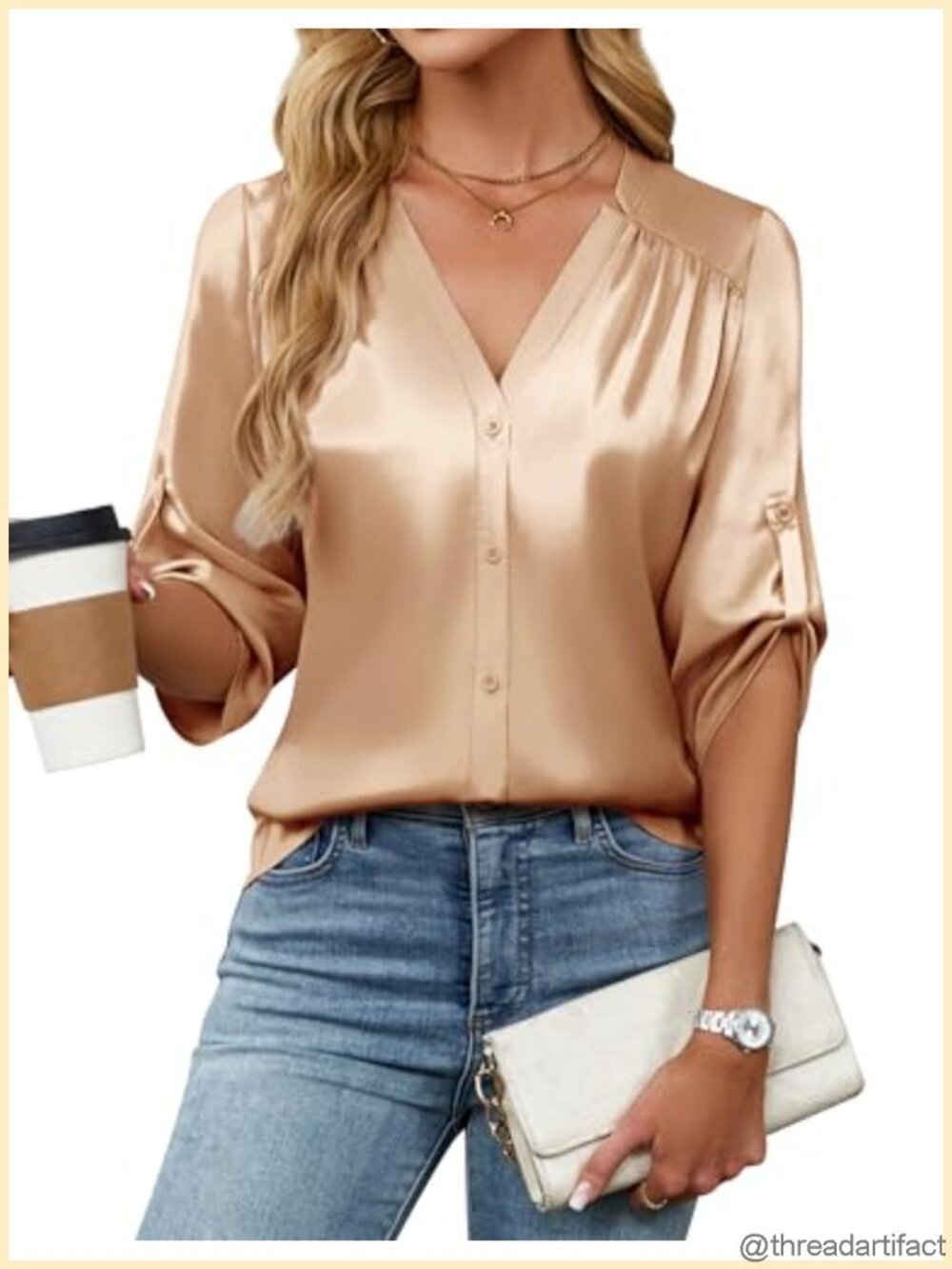 Satin Silk Button Down Shirt 3/4 Sleeve Dressy Business Casual Blouse